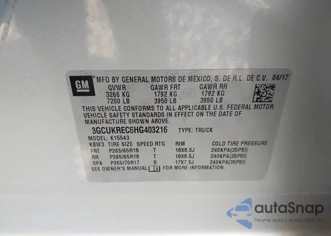 2017 Chevrolet Silverado 1500 2Lt z USA, uszkodzony, nr VIN 3GCUKREC6HG403216